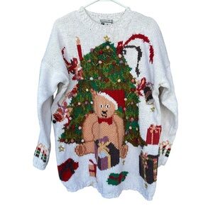 Vintage 80’s Crystal Kobe Christmas Teddy Bear Sweater - Size Large Women’s